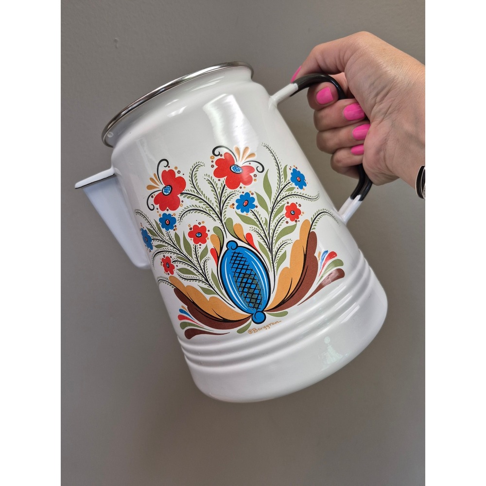 Vintage Berggren Trayner Enamelware Coffee Pot Pitcher Scandinavian Folk Art